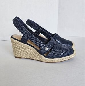 Lauren Ralph Lauren Penelope Navy Woven Slingback Espadrille Wedge Sandals Sz 7
